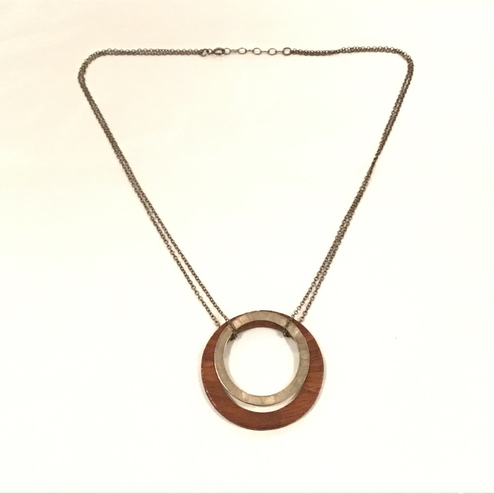 Sterling Silver & Wood Circle Pendant Double Chain Necklace 16" Long